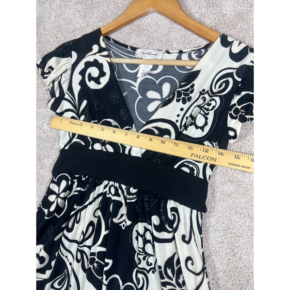 Y2K Black White Floral Dress Short Sleeve V Neck S BOHO Fit & Flare Retro - Picture 4 of 10